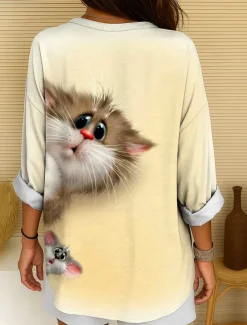 Women's Blouse Tunic V Neck Long Sleeve Boho Casual Summer Tops Graphic Animal Cat Vintage Tropical Regular Tops Daily Wear Print Yellow Red Orange Apricot