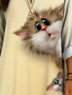 Women's Blouse Tunic V Neck Long Sleeve Boho Casual Summer Tops Graphic Animal Cat Vintage Tropical Regular Tops Daily Wear Print Yellow Red Orange Apricot