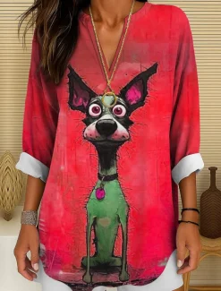 Women's Blouse Tunic V Neck Long Sleeve Boho Casual Summer Tops Graphic Animal Cat Vintage Tropical Regular Tops Daily Wear Print Yellow Red Orange Apricot