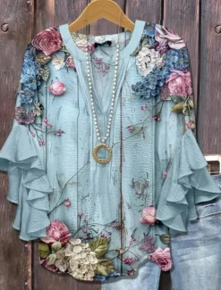 Women's Blouse V Neck Floral Graphic Bohemia Vintage Daily 3/4 Length Sleeve Flutter Sleeve Regular Tops Daily Holiday Vacation Wear Ruffle Print Blue Light Blue Summer Spring Fall