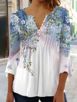 Women's Blouse V Neck Henley Floral Streetwear Casual 3/4 Length Sleeve Round Neck Regular Tops Holiday Weekend Buttons Print Blue