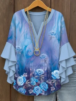 Women's Blouse V Neck Layered Ruffle Sleeve Tops Ombre Floral Graphic Bohemia Vintage Daily 3/4 Length Sleeve Regular Tops Daily Holiday Vacation Wear Print Yellow Red Blue Purple Green Summer Spring