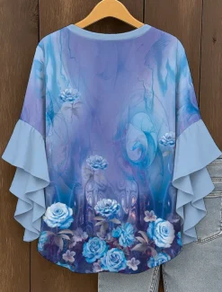 Women's Blouse V Neck Layered Ruffle Sleeve Tops Ombre Floral Graphic Bohemia Vintage Daily 3/4 Length Sleeve Regular Tops Daily Holiday Vacation Wear Print Yellow Red Blue Purple Green Summer Spring