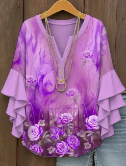 Women's Blouse V Neck Layered Ruffle Sleeve Tops Ombre Floral Graphic Bohemia Vintage Daily 3/4 Length Sleeve Regular Tops Daily Holiday Vacation Wear Print Yellow Red Blue Purple Green Summer Spring