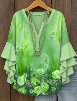 Women's Blouse V Neck Layered Ruffle Sleeve Tops Ombre Floral Graphic Bohemia Vintage Daily 3/4 Length Sleeve Regular Tops Daily Holiday Vacation Wear Print Yellow Red Blue Purple Green Summer Spring