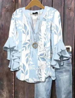Women's Blouse V Neck Layered Ruffle Sleeve Tops Floral Graphic Paisley Daily Stylish Casual 3/4 Length Sleeve Regular Tops Daily Holiday Vacation Wear Print Yellow Pink Blue Dusty Blue Summer Spring