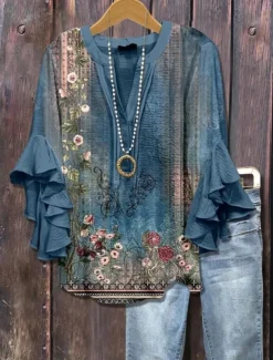 Women's Blouse V Neck Layered Ruffle Sleeve Tops Floral Graphic Paisley Daily Stylish Casual 3/4 Length Sleeve Regular Tops Daily Holiday Vacation Wear Print Yellow Pink Blue Dusty Blue Summer Spring