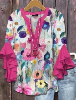 Women's Blouse V Neck Layered Ruffle Sleeve Tops Floral Graphic Paisley Daily Stylish Casual 3/4 Length Sleeve Regular Tops Daily Holiday Vacation Wear Print Yellow Pink Blue Dusty Blue Summer Spring