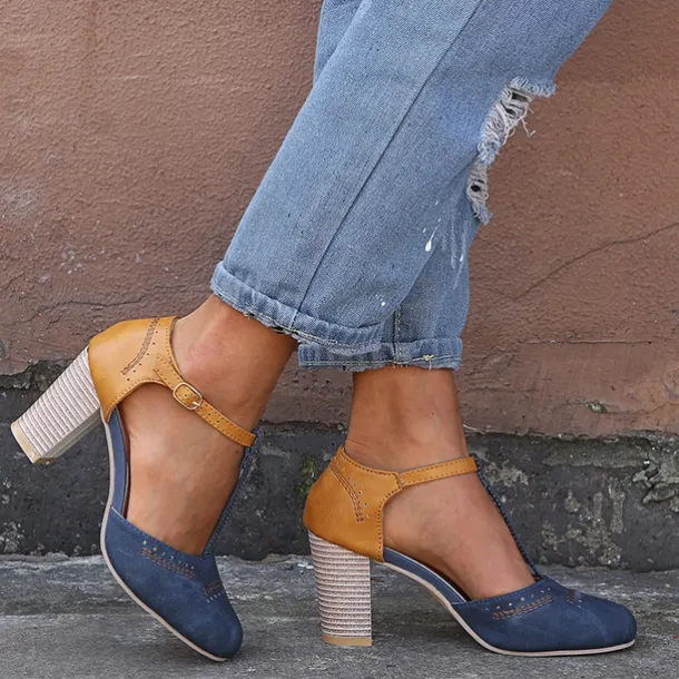 Women's Blue and Yellow Two-Tone T-Strap Heeled Shoes for Vintage and Casual Wear