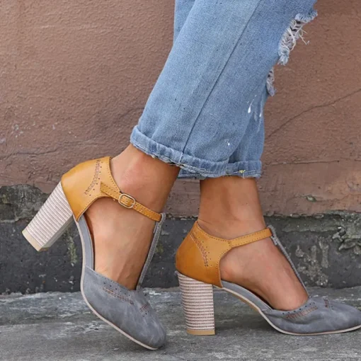 Women's Blue and Yellow Two-Tone T-Strap Heeled Shoes for Vintage and Casual Wear