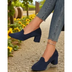 Women's Blue Block Heel Shoes– Elegant Faux Suede Pumps for Semi-Formal Gatherings, Cottage Garden Parties and Church Sundays