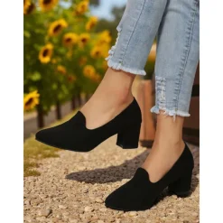 Women's Blue Block Heel Shoes– Elegant Faux Suede Pumps for Semi-Formal Gatherings, Cottage Garden Parties and Church Sundays