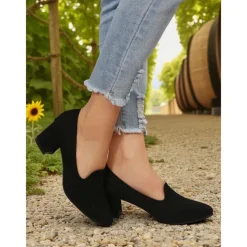 Women's Blue Block Heel Shoes– Elegant Faux Suede Pumps for Semi-Formal Gatherings, Cottage Garden Parties and Church Sundays