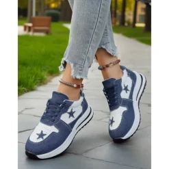 Women's Blue Denim Star Lace-Up Sneakers – Casual Vintage-Inspired Athletic Shoes for Parks, Weekend Errands and Picnics