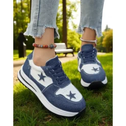 Women's Blue Denim Star Lace-Up Sneakers – Casual Vintage-Inspired Athletic Shoes for Parks, Weekend Errands and Picnics