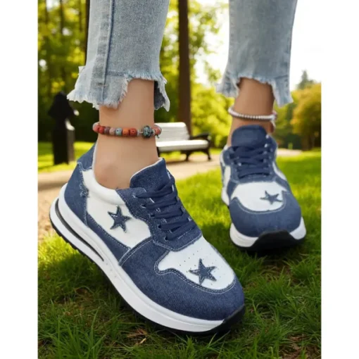Women's Blue Denim Star Lace-Up Sneakers – Casual Vintage-Inspired Athletic Shoes for Parks, Weekend Errands and Picnics