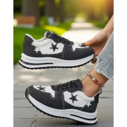 Women's Blue Denim Star Lace-Up Sneakers – Casual Vintage-Inspired Athletic Shoes for Parks, Weekend Errands and Picnics