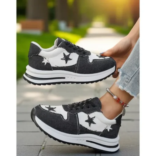 Women's Blue Denim Star Lace-Up Sneakers – Casual Vintage-Inspired Athletic Shoes for Parks, Weekend Errands and Picnics