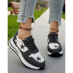 Women's Blue Denim Star Lace-Up Sneakers – Casual Vintage-Inspired Athletic Shoes for Parks, Weekend Errands and Picnics