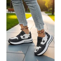 Women's Blue Denim Star Lace-Up Sneakers – Casual Vintage-Inspired Athletic Shoes for Parks, Weekend Errands and Picnics