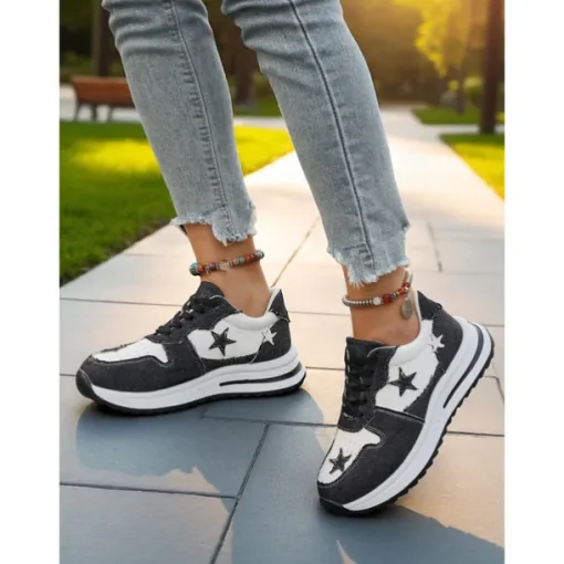Women's Blue Denim Star Lace-Up Sneakers – Casual Vintage-Inspired Athletic Shoes for Parks, Weekend Errands and Picnics