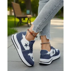 Women's Blue Denim Star Lace-Up Sneakers – Casual Vintage-Inspired Athletic Shoes for Parks, Weekend Errands and Picnics