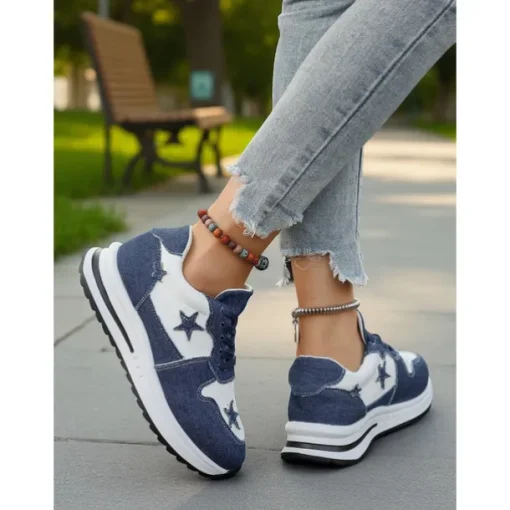 Women's Blue Denim Star Lace-Up Sneakers – Casual Vintage-Inspired Athletic Shoes for Parks, Weekend Errands and Picnics