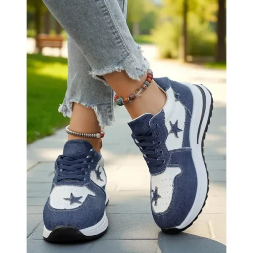 Women's Blue Denim Star Lace-Up Sneakers – Casual Vintage-Inspired Athletic Shoes for Parks, Weekend Errands and Picnics