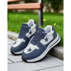 Women's Blue Denim Star Lace-Up Sneakers – Casual Vintage-Inspired Athletic Shoes for Parks, Weekend Errands and Picnics
