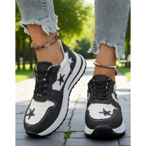 Women's Blue Denim Star Lace-Up Sneakers – Casual Vintage-Inspired Athletic Shoes for Parks, Weekend Errands and Picnics