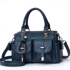 Women's Blue Faux Leather Handbag – Stylish Large Capacity Shoulder Bag with Pockets for Work & Travel