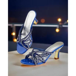 Women's Blue Heeled Sandals - Rhinestone Butterfly Slip-On Party Shoes for Nightlife, Clubs and Special Evenings