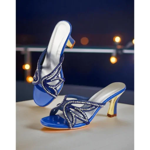 Women's Blue Heeled Sandals - Rhinestone Butterfly Slip-On Party Shoes for Nightlife, Clubs and Special Evenings