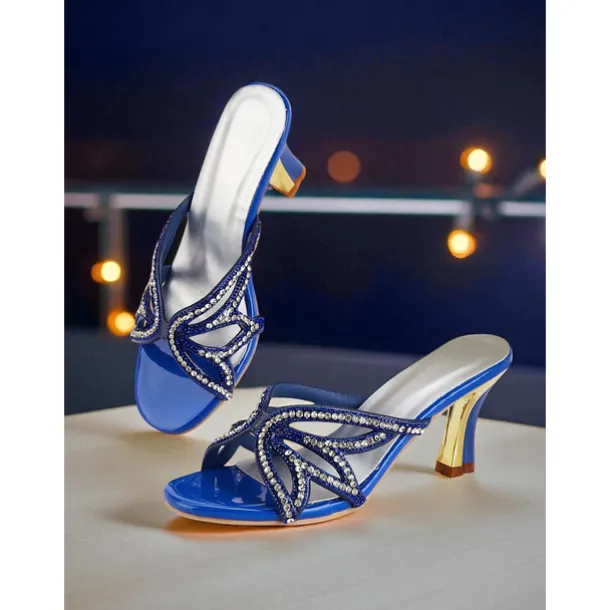 Women's Blue Heeled Sandals - Rhinestone Butterfly Slip-On Party Shoes for Nightlife, Clubs and Special Evenings