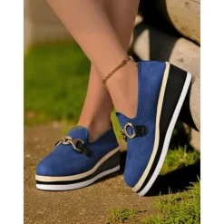 Women's Blue Platform Loafers with Metal Buckle – Stylish Slip-On Wedge Shoes for Casual Wear, Office and Travel