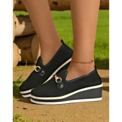 Women's Blue Platform Loafers with Metal Buckle – Stylish Slip-On Wedge Shoes for Casual Wear, Office and Travel