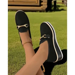 Women's Blue Platform Loafers with Metal Buckle – Stylish Slip-On Wedge Shoes for Casual Wear, Office and Travel