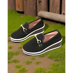 Women's Blue Platform Loafers with Metal Buckle – Stylish Slip-On Wedge Shoes for Casual Wear, Office and Travel