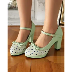 Women's Blue Polka Dot Block Heel Mary Janes – 1950s Vintage Style with Bows, Ideal for Tea Parties, Dates & Lolita Fashion