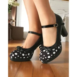 Women's Blue Polka Dot Block Heel Mary Janes – 1950s Vintage Style with Bows, Ideal for Tea Parties, Dates & Lolita Fashion