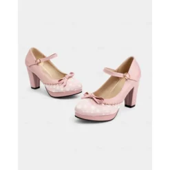 Women's Blue Polka Dot Block Heel Mary Janes – 1950s Vintage Style with Bows, Ideal for Tea Parties, Dates & Lolita Fashion