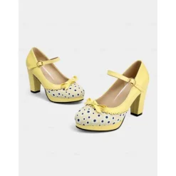 Women's Blue Polka Dot Block Heel Mary Janes – 1950s Vintage Style with Bows, Ideal for Tea Parties, Dates & Lolita Fashion