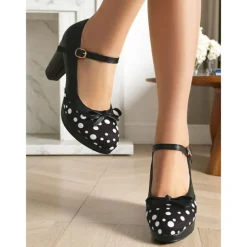 Women's Blue Polka Dot Block Heel Mary Janes – 1950s Vintage Style with Bows, Ideal for Tea Parties, Dates & Lolita Fashion