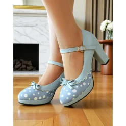 Women's Blue Polka Dot Block Heel Mary Janes – 1950s Vintage Style with Bows, Ideal for Tea Parties, Dates & Lolita Fashion