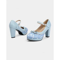 Women's Blue Polka Dot Block Heel Mary Janes – 1950s Vintage Style with Bows, Ideal for Tea Parties, Dates & Lolita Fashion