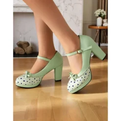 Women's Blue Polka Dot Block Heel Mary Janes – 1950s Vintage Style with Bows, Ideal for Tea Parties, Dates & Lolita Fashion