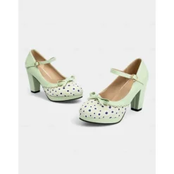 Women's Blue Polka Dot Block Heel Mary Janes – 1950s Vintage Style with Bows, Ideal for Tea Parties, Dates & Lolita Fashion