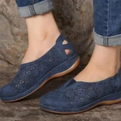 Women's Blue Slip-On Comfort Shoes with Hollow Floral Cutouts, Wide Fit Soft Sole Flats for Walking, Travel, and Casual Daily Wear