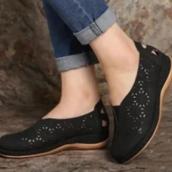 Women's Blue Slip-On Comfort Shoes with Hollow Floral Cutouts, Wide Fit Soft Sole Flats for Walking, Travel, and Casual Daily Wear