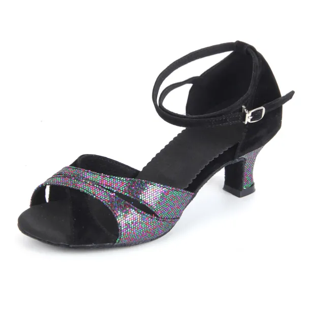 Women's Blue Suede Latin Dance Shoes with Glitter Straps, Soft Suede Sole and Low Heels - Perfect for Ballroom and Salsa Performances